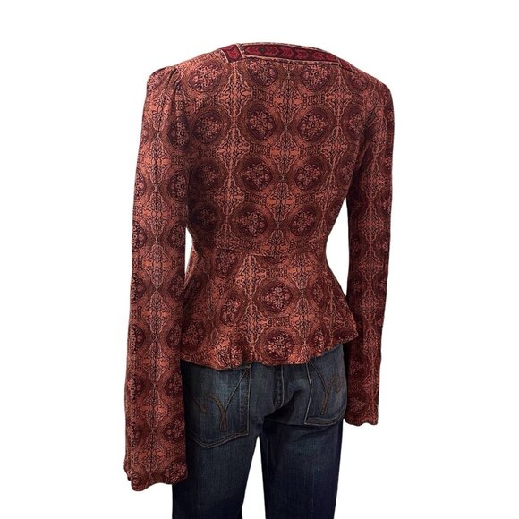 Free People Top Coral Uptown Bell Sleeve Tiered Vneck Blouse Small Size - Picture 6 of 15